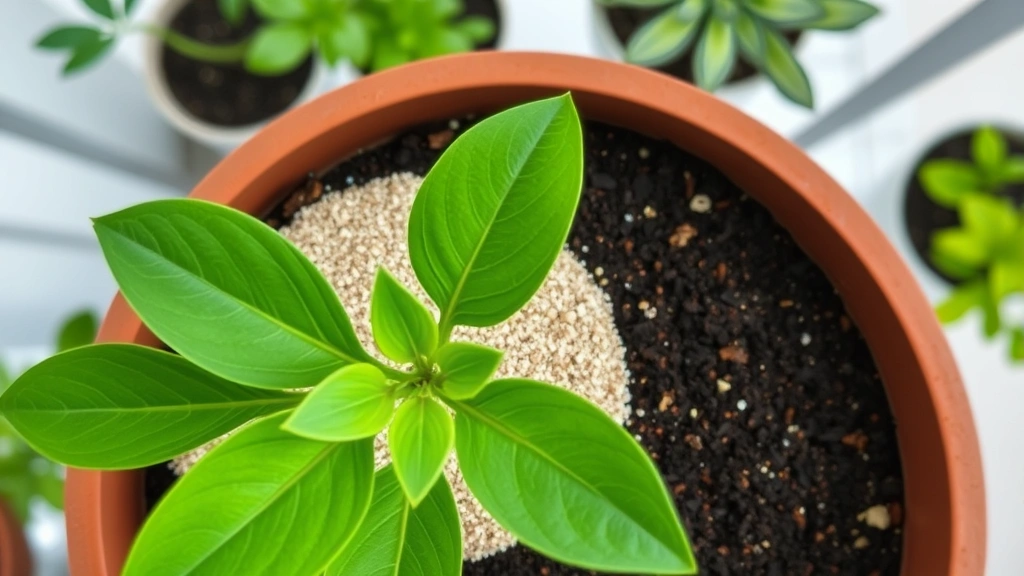 Overhead view of potted plant with layer of sand or diatomaceous earth on soil surface, fresh green leaves visible, clean indoor plant shelf background