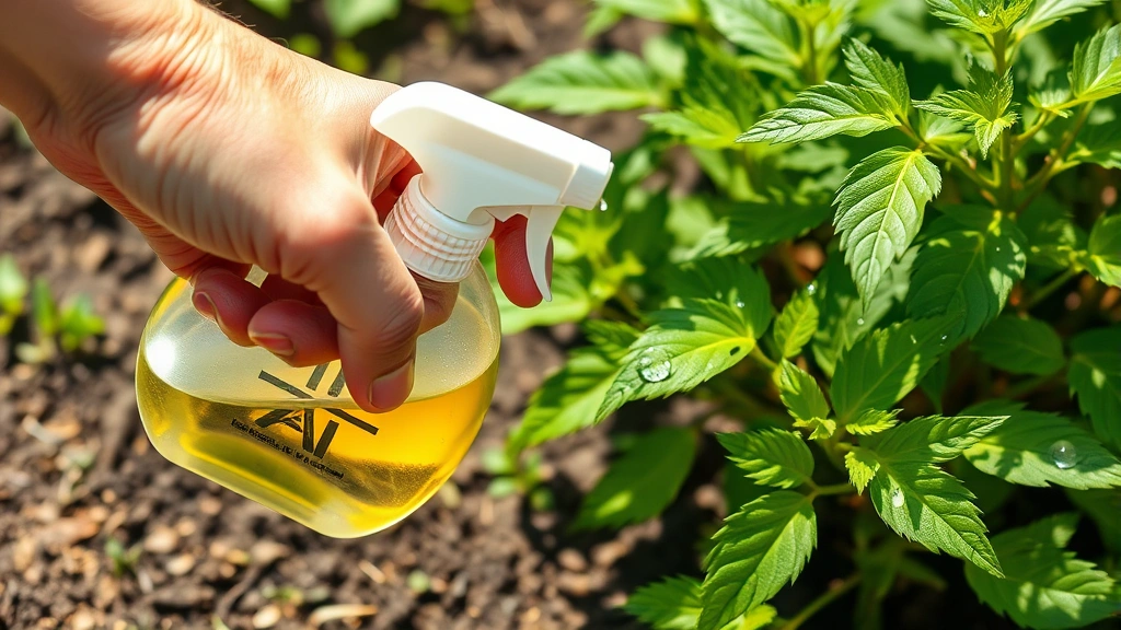 Person's hand holding spray bottle applying neem oil solution to plant soil and leaves, with water droplets visible on green foliage in bright daylight