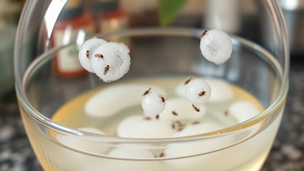 Close-up of apple cider vinegar trap with dish soap bubbles in a clear glass bowl, gnats visible in liquid, kitchen countertop background