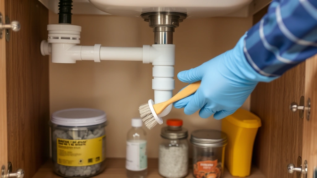 Person wearing gloves cleaning drain pipe under kitchen sink with brush, baking soda and vinegar mixture visible, organized under-sink storage