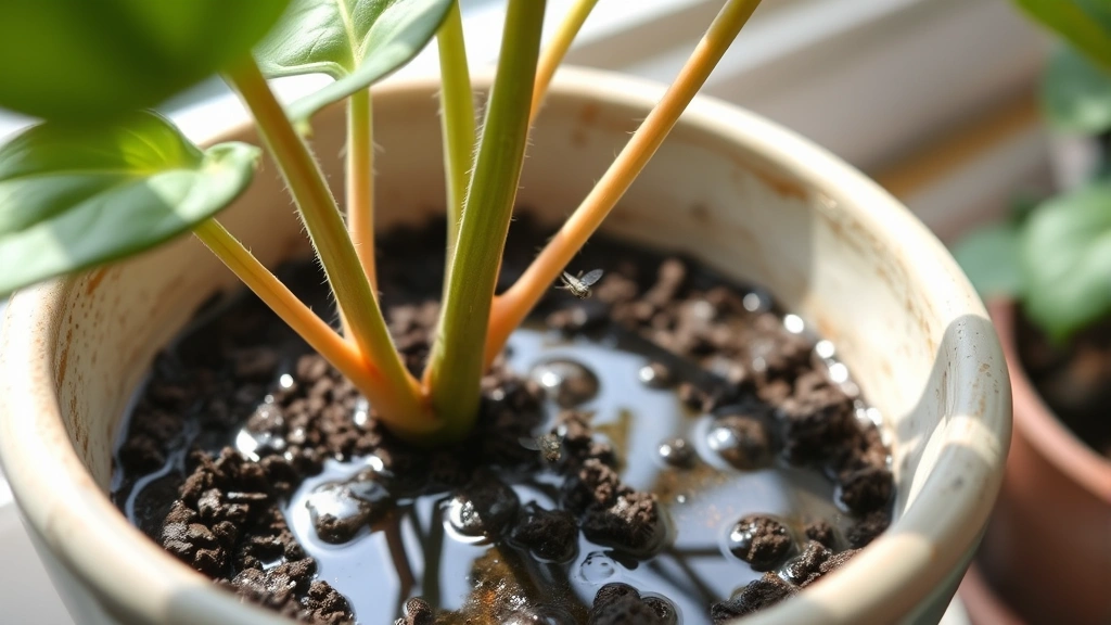 Overwatered potted plant in ceramic pot with moisture on soil surface, fungus gnats hovering around soil, natural window light from side