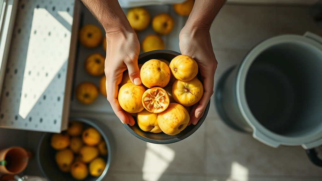 Overhead view of hands removing overripe fruit from kitchen counter, trash bin visible, natural daylight streaming through window