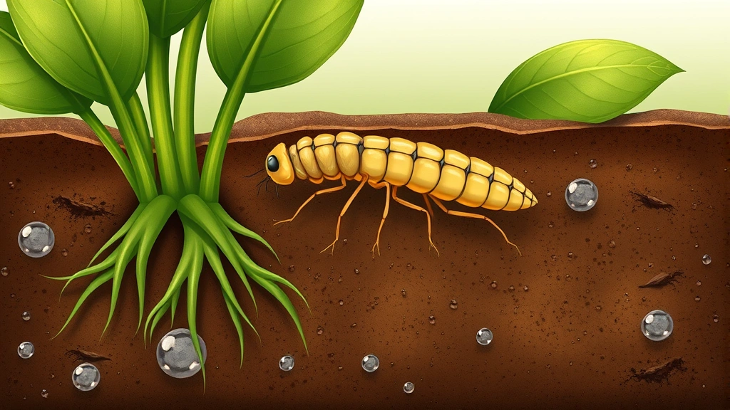 Cross-section diagram showing gnat larvae in moist plant soil, roots visible, water droplets on soil surface, educational illustration style