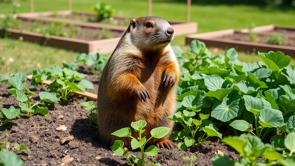Groundhog standing upright in a garden surrounded by vegetable plants, sunny backyard setting with grass and garden beds visible, realistic wildlife photography style