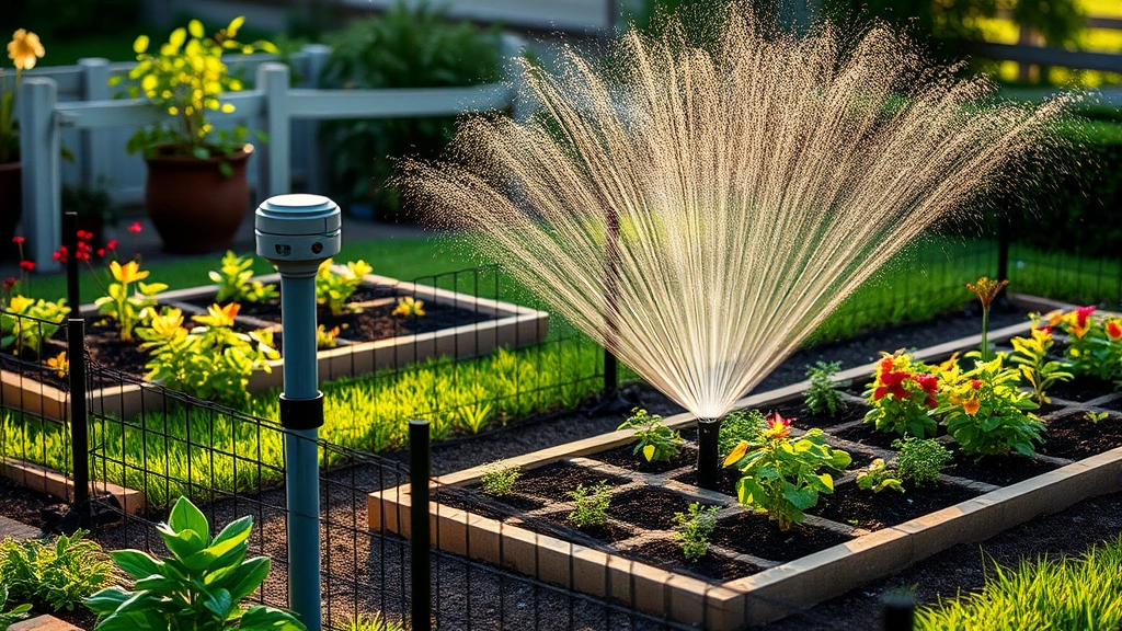 Motion-activated sprinkler system in a manicured garden with hardware cloth fencing around vegetable beds, professional landscape setup with protective barriers installed