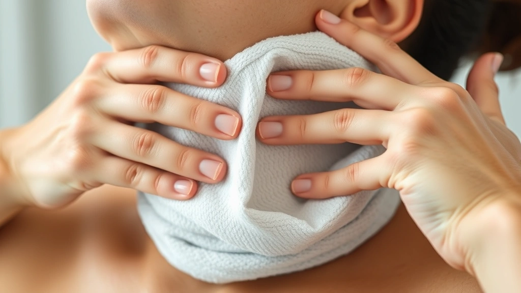 Close-up of a person applying a cold compress wrapped in soft fabric to their neck area, showing gentle therapeutic treatment technique
