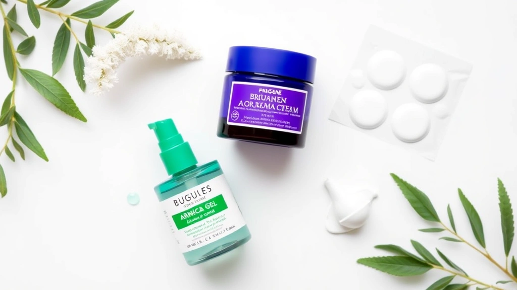 Flat lay arrangement of bruise-healing products including vitamin K cream, arnica gel, and silicone patches on a clean white surface