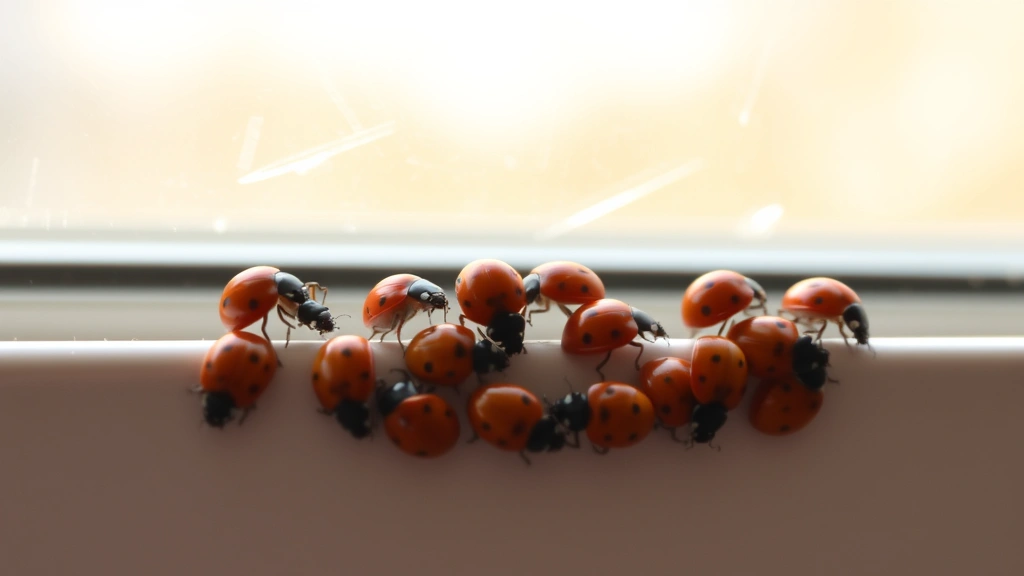Close-up of multiple red and orange ladybugs clustered on a white windowsill during autumn, natural sunlight streaming through the window pane