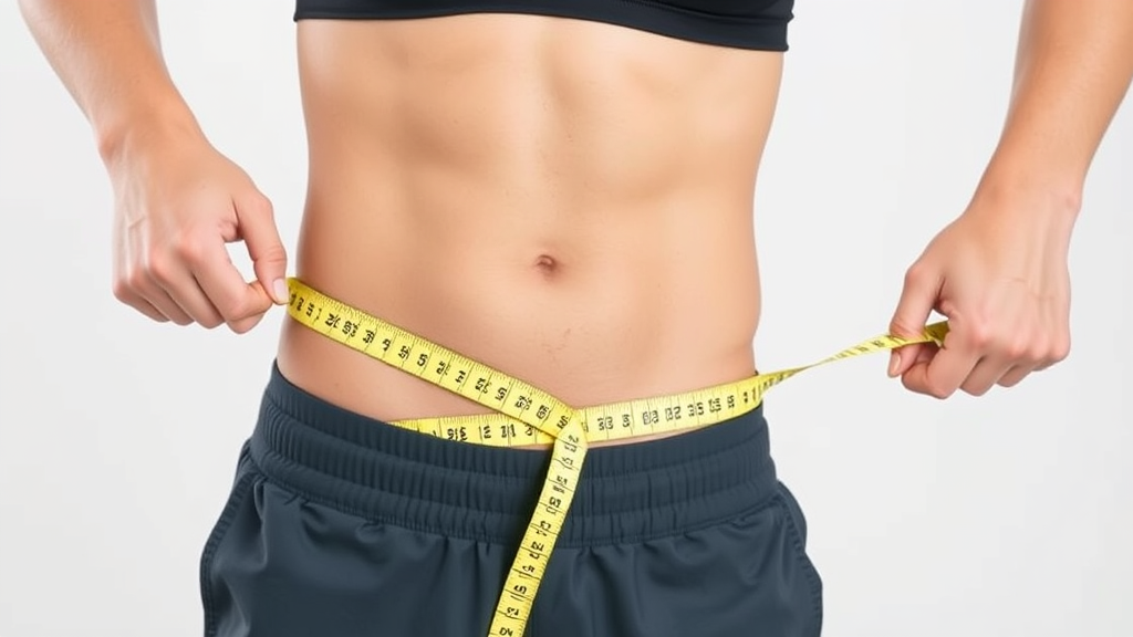 Fit person measuring waist with tape measure, athletic wear, clean white background, no text no words no letters