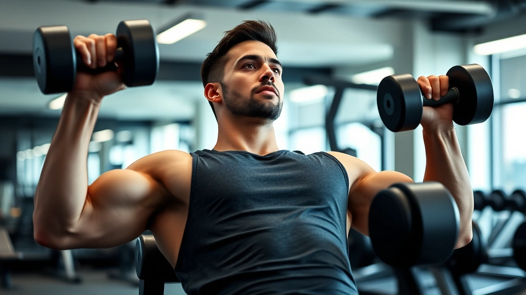 Athletic man performing incline dumbbell chest press exercise in modern gym with dumbbells, intense focused expression, proper form demonstrated