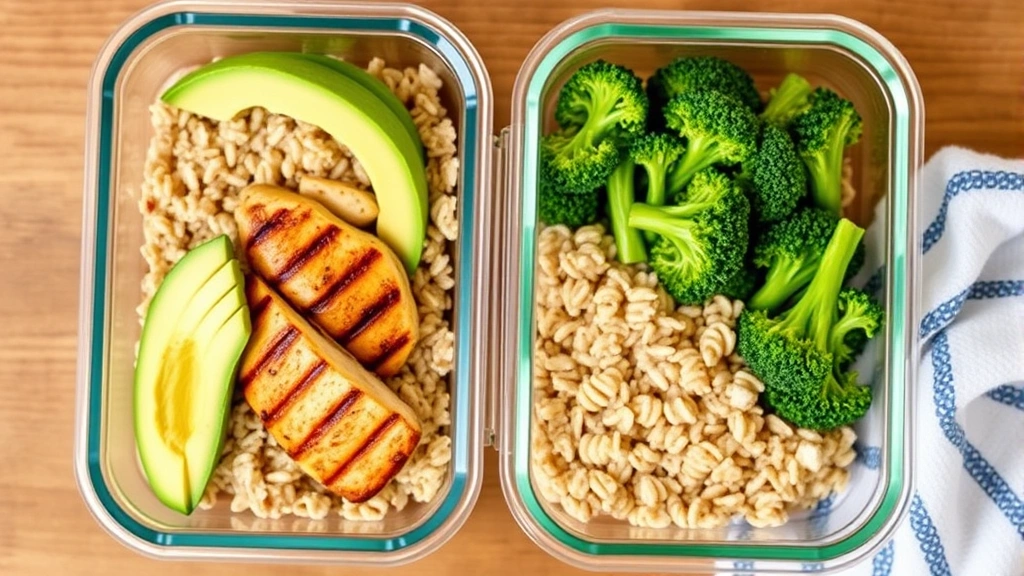 Overhead view of healthy meal prep containers with grilled chicken breast, brown rice, broccoli, and avocado on wooden table