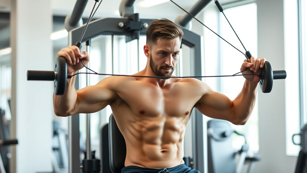 Fit man doing cable flyes exercise on chest machine in contemporary gym setting, demonstrating proper chest isolation technique with controlled movement