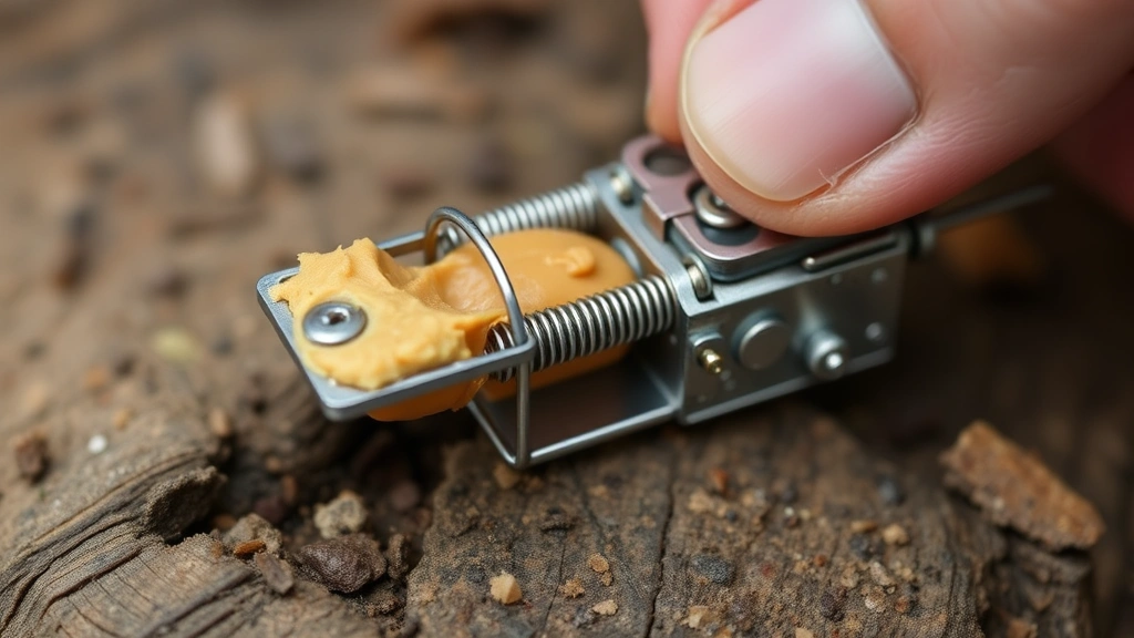 Detailed view of a snap trap being set with peanut butter bait, showing proper positioning and spring mechanism ready to trigger