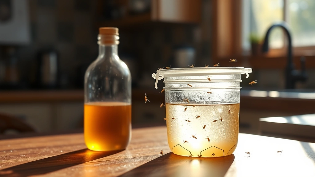 Close-up of apple cider vinegar trap with small gnats attracted to it in a kitchen setting, morning light streaming through window