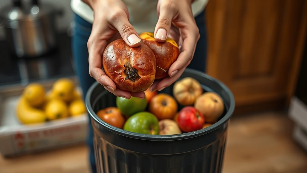 Hands holding overripe fruit over a trash bin, showing proper disposal of gnat breeding grounds in a clean kitchen