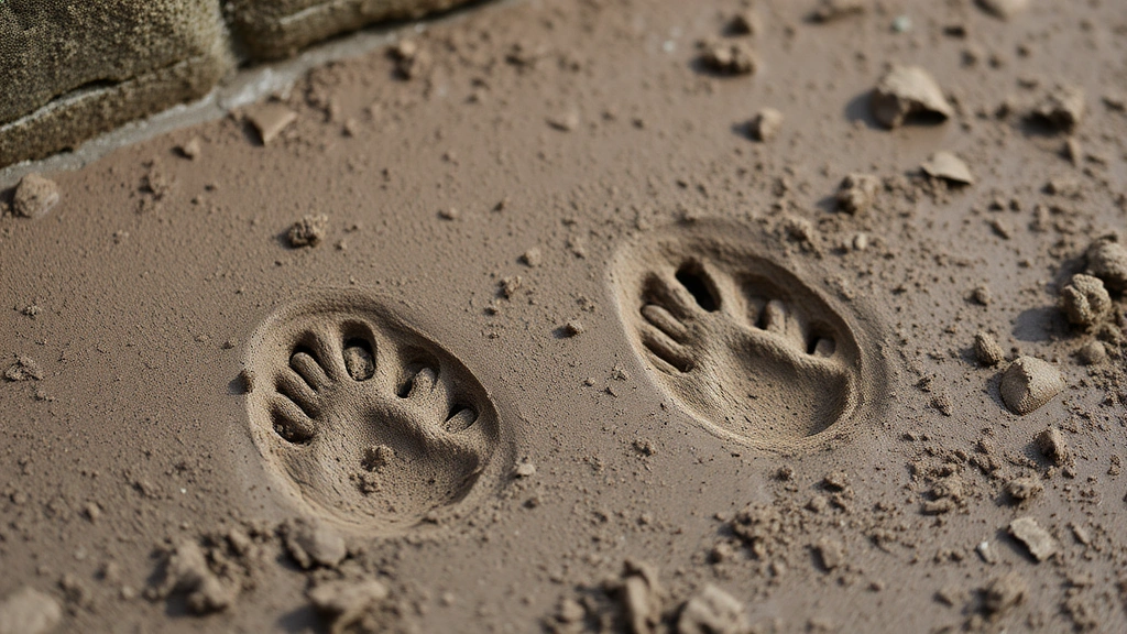 Close-up of raccoon handprints in mud near a foundation, showing distinctive finger-like marks and natural outdoor setting