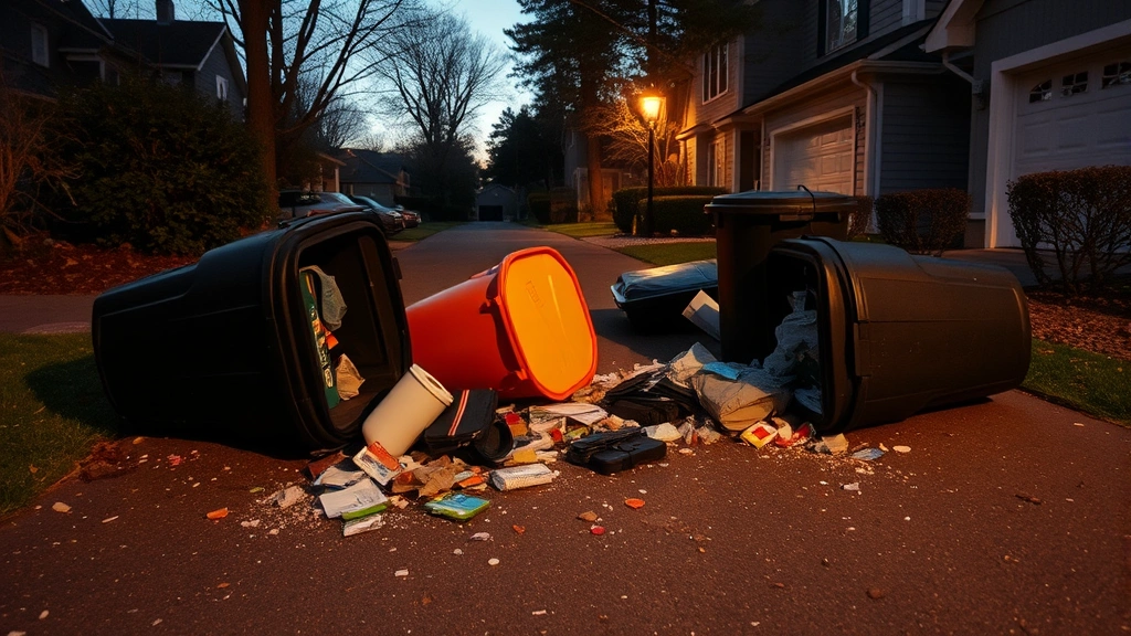 Overturned garbage cans with scattered trash and debris spilled across a residential driveway at dusk