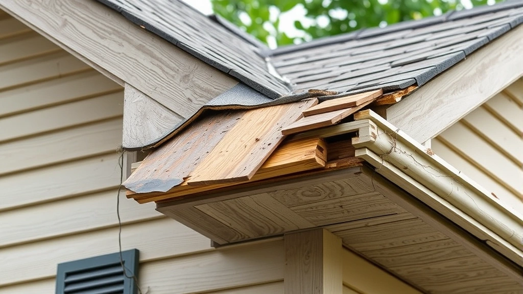 Torn roof shingles and damaged fascia board showing raccoon entry damage on a house exterior with visible gaps