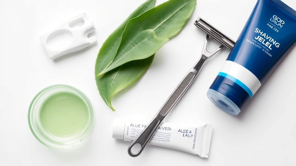 Flat lay of shaving essentials including sharp razor blade, shaving cream, aloe vera gel, and hydrocortisone cream on white surface