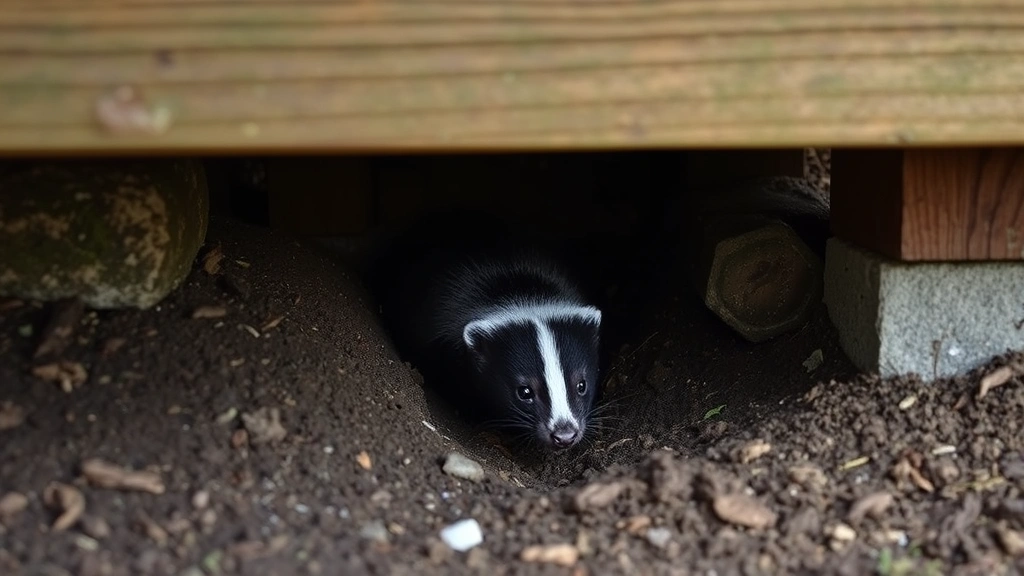 Close-up of skunk den entrance under residential deck showing burrowing damage and disturbed soil around foundation area