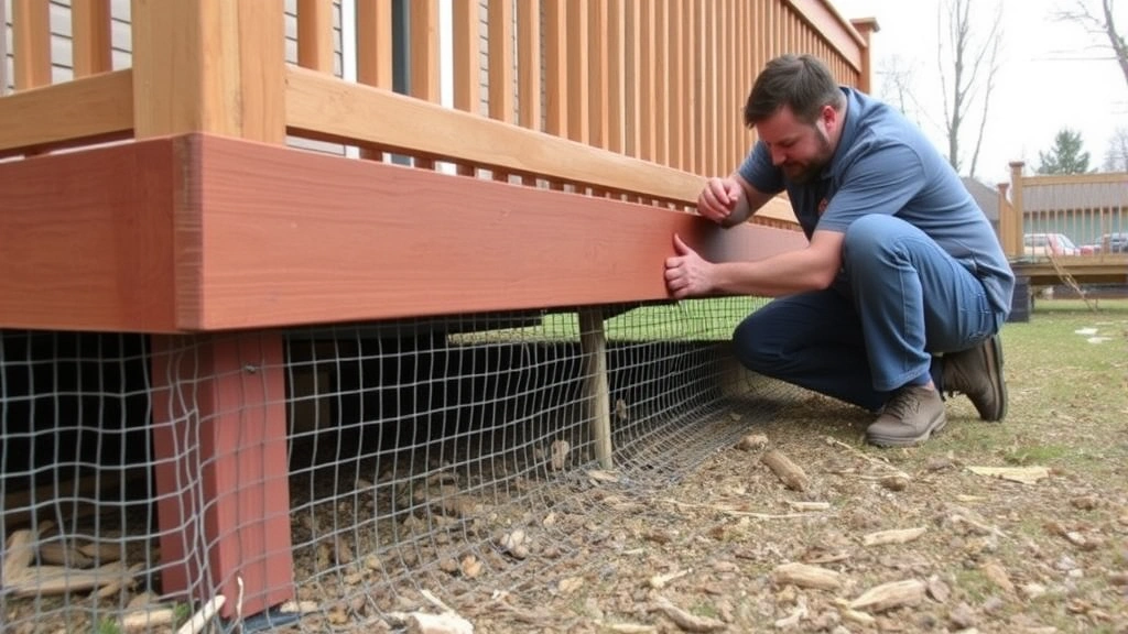 Homeowner installing hardware cloth barrier around deck skirt to prevent animal access, showing proper installation technique