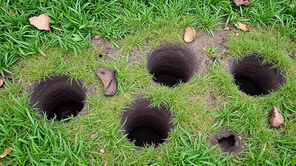 Cone-shaped holes in lawn grass from skunk foraging activity, multiple small excavations scattered across yard surface