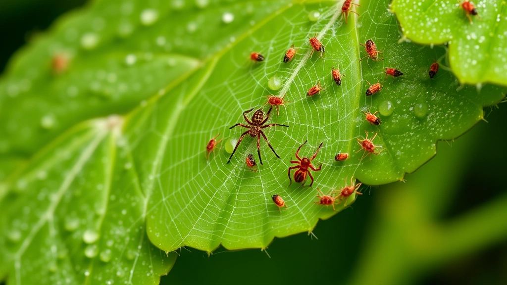 Close-up of plant leaf underside showing fine spider mite webbing and tiny mites on green foliage, macro photography style