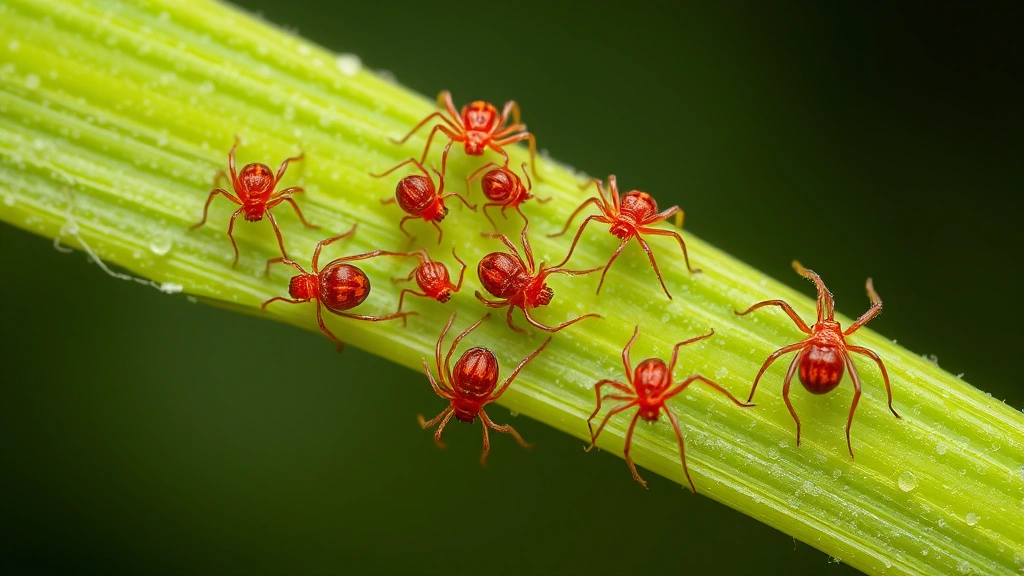 Magnified close-up view of spider mites on a green plant leaf, showing their tiny reddish-brown bodies and fine webbing against the leaf surface