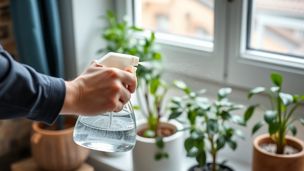 Person using spray bottle to mist indoor potted plant with water, demonstrating pest control technique in home setting