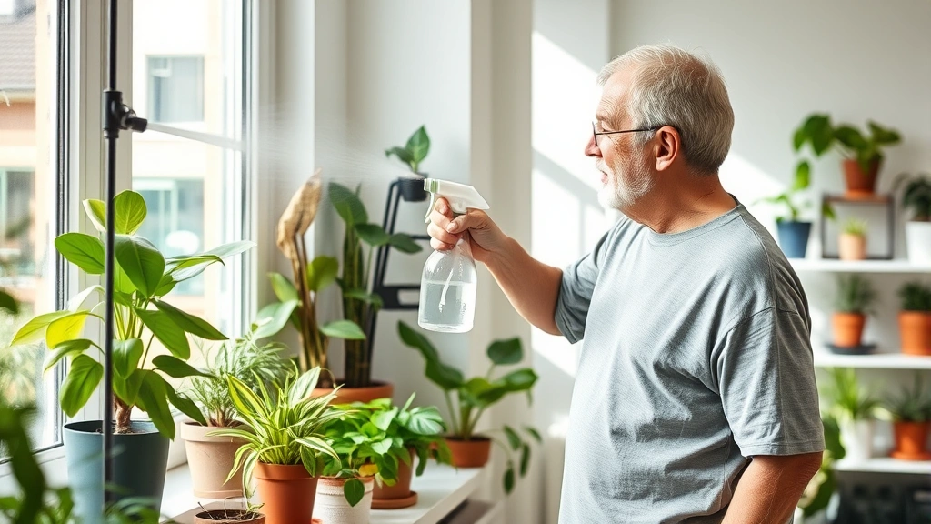 Homeowner using a spray bottle to mist water on houseplants in a bright indoor setting, with multiple potted plants visible on windowsill and shelves