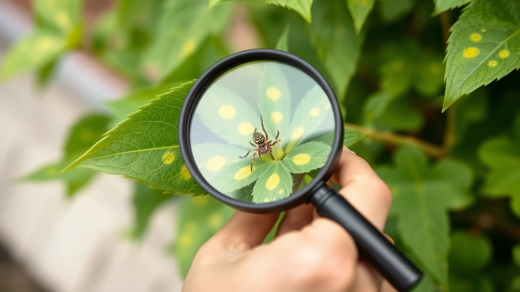 Gardener's hands holding magnifying glass inspecting yellow-spotted plant leaf for spider mite damage and webbing