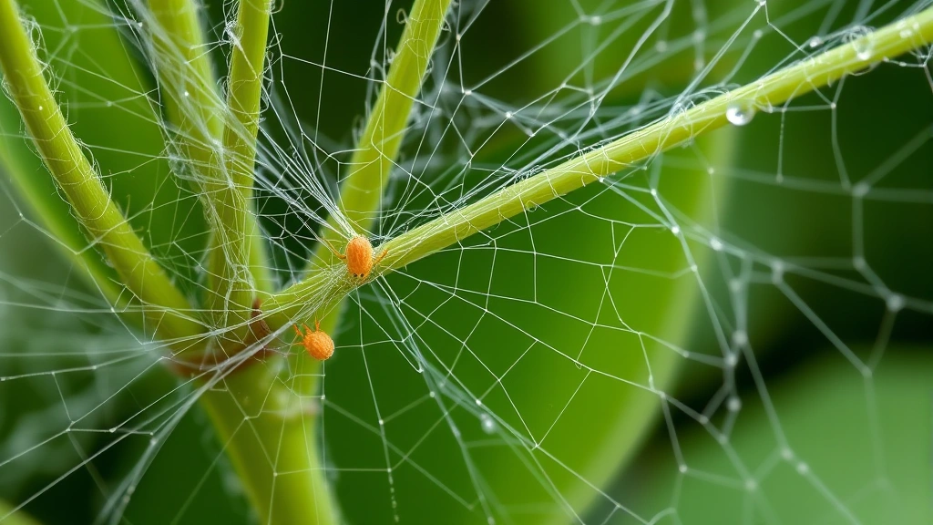 Detailed macro photography of spider mite webbing covering plant stems and leaves, showing the delicate silky texture and intricate web patterns on green foliage