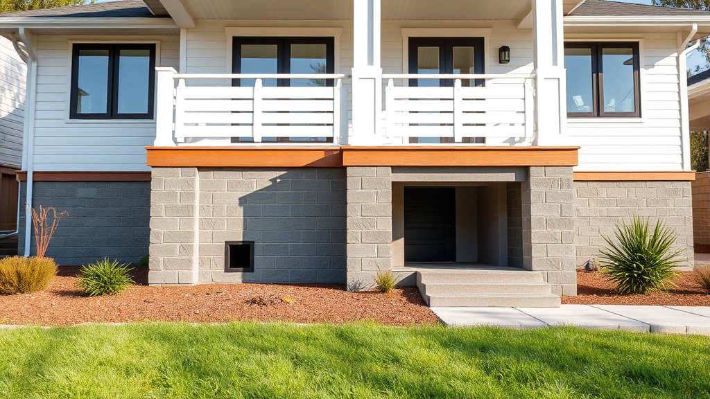 Modern home exterior with clean foundation and sealed entry points, no spiders visible, bright daylight, no text no words no letters