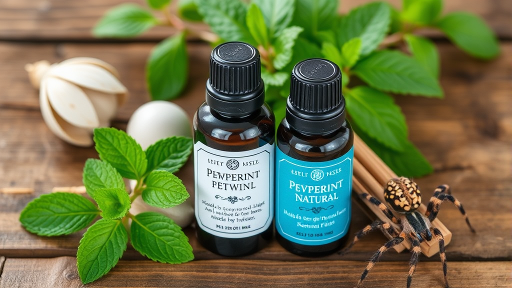 Essential oil bottles with peppermint and natural spider deterrent ingredients on wooden surface, no text no words no letters