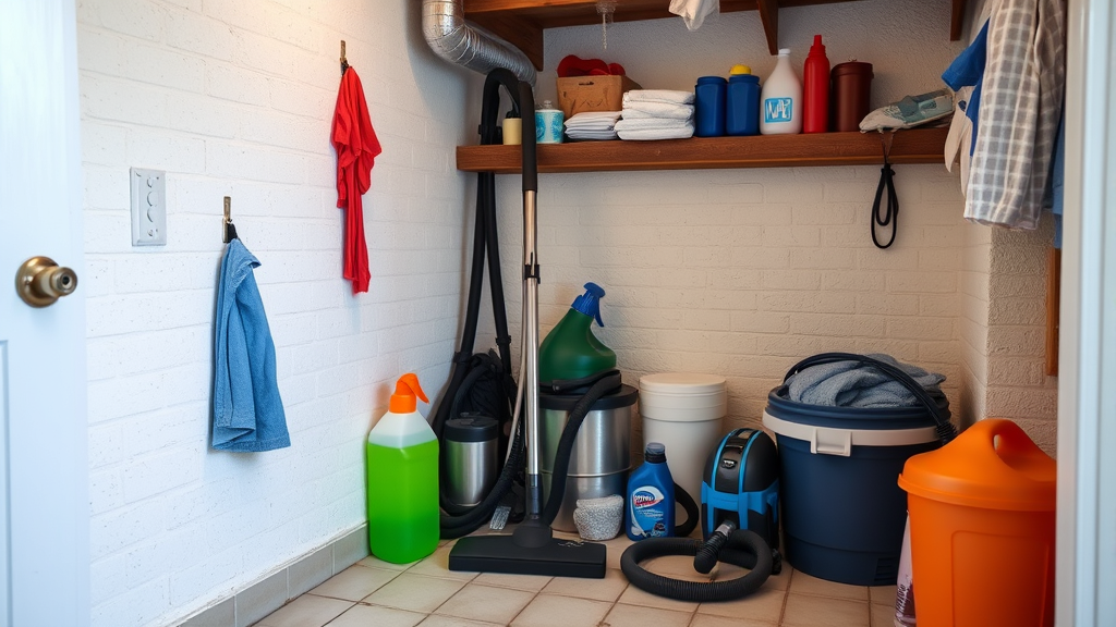 Clean organized basement corner with vacuum and cleaning supplies, spider-free environment, no text no words no letters