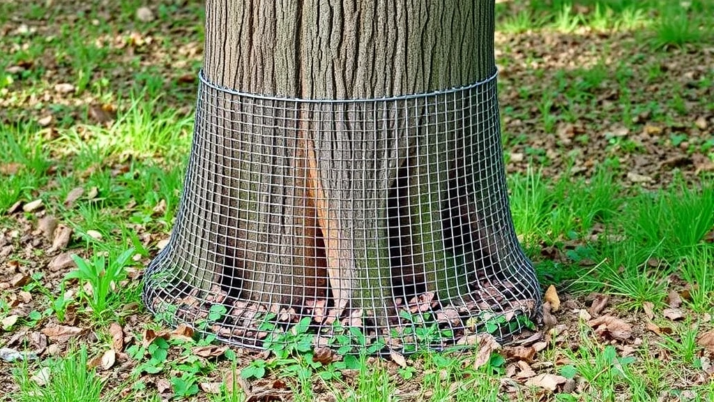 Metal mesh hardware cloth wrapped securely around tree trunk base, preventing squirrel climbing access in natural outdoor setting