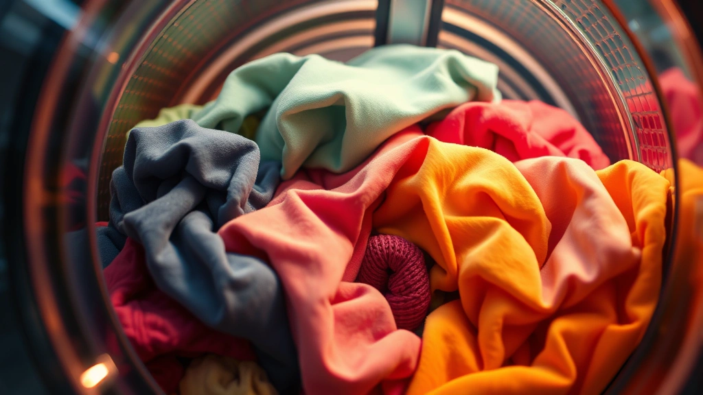 Close-up of colorful clothing items tumbling inside a modern dryer with warm lighting, showing fabric movement and texture details without any visible text or numbers.