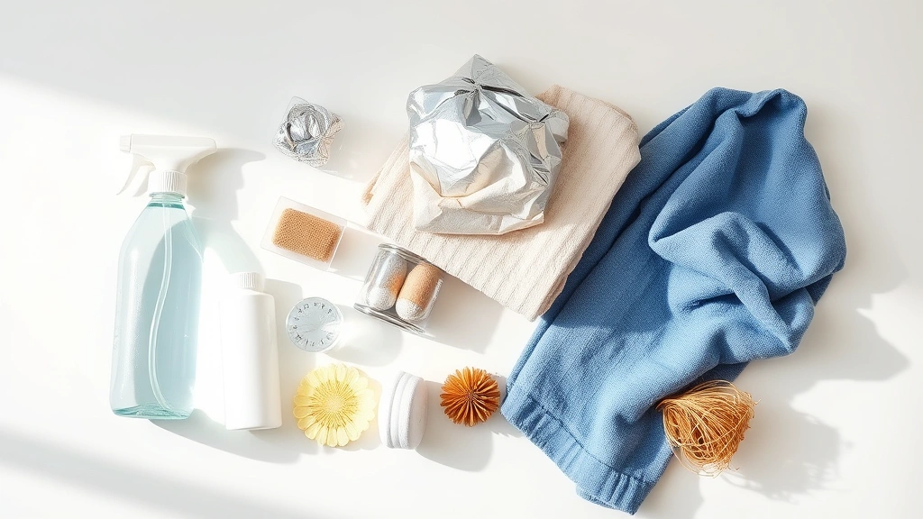 Flat lay arrangement of laundry care supplies including folded towels, a spray bottle of water, crumpled aluminum foil, and natural fiber items on a clean white surface with soft shadow.