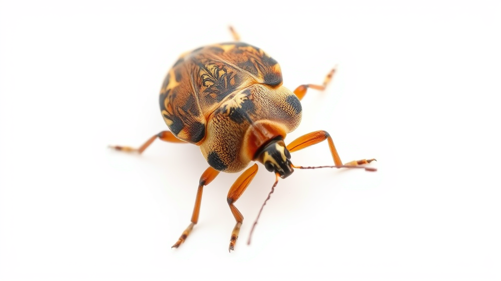 Brown marmorated stink bug on white background, shield shaped insect, detailed macro photography, no text no words no letters
