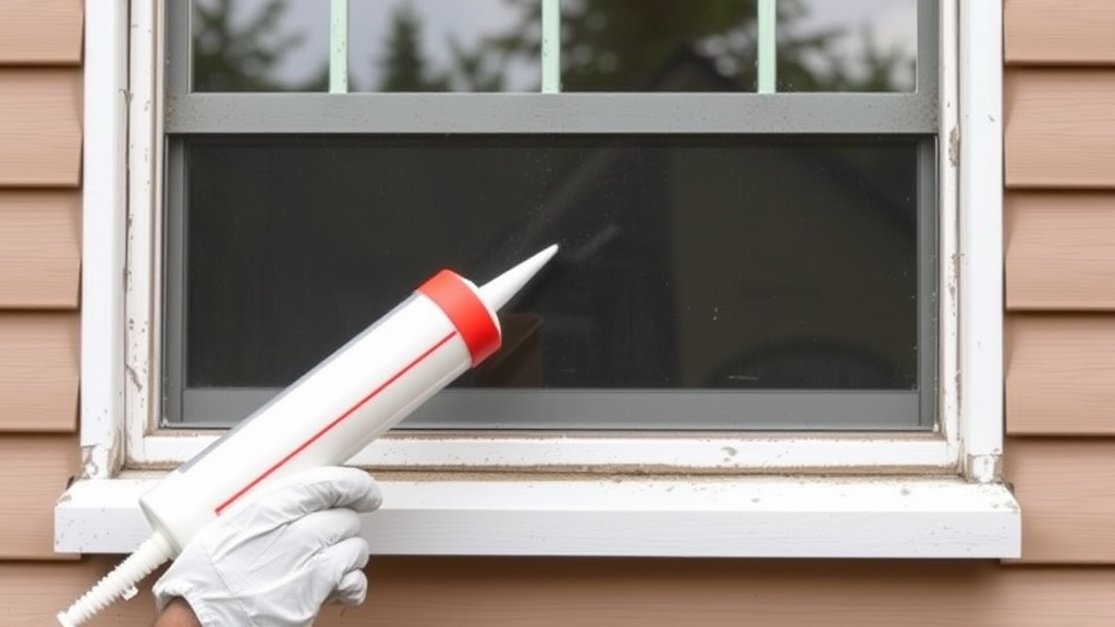 Home exterior sealing cracks and gaps around windows, caulking gun, weatherproofing, residential maintenance, no text no words no letters