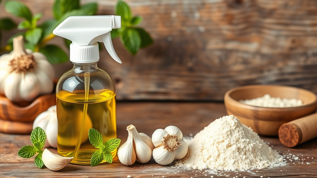 Natural pest control ingredients mint oil spray bottle garlic cloves diatomaceous earth powder, organic solutions, no text no words no letters