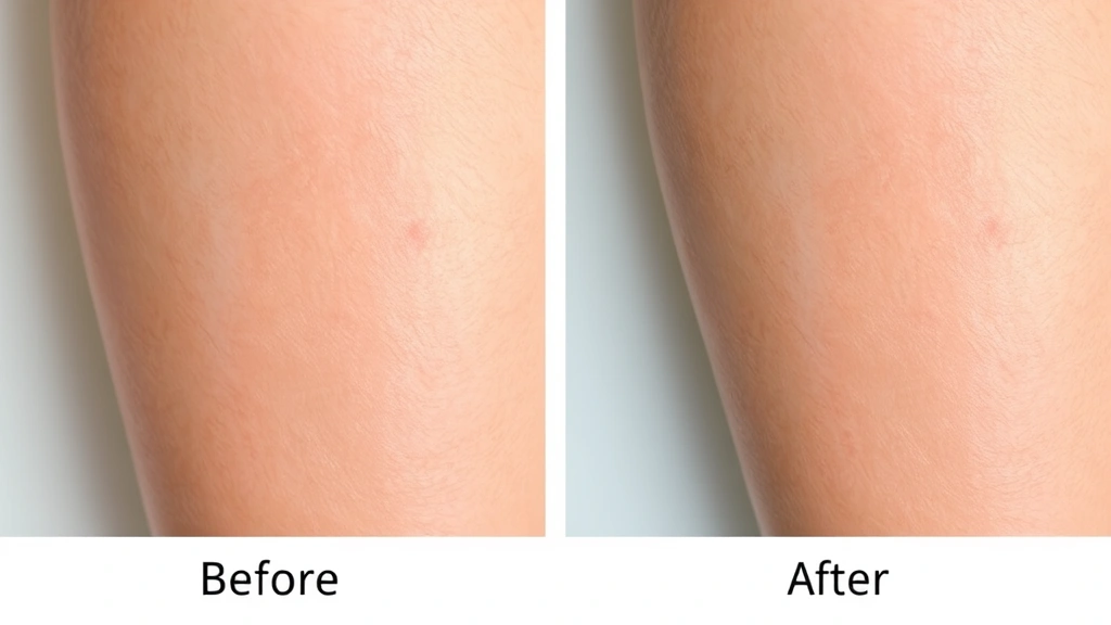Before and after comparison of leg skin showing improvement in pore appearance and texture, professional dermatology photograph style