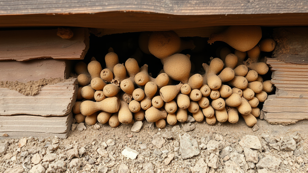 Damaged wooden house foundation with termite mud tubes and structural deterioration, no text, no words, no letters