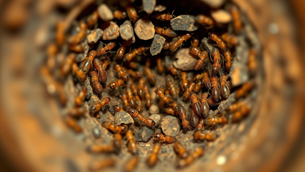 Close-up microscopic view of termite colony workers in wooden gallery tunnels, no text, no words, no letters