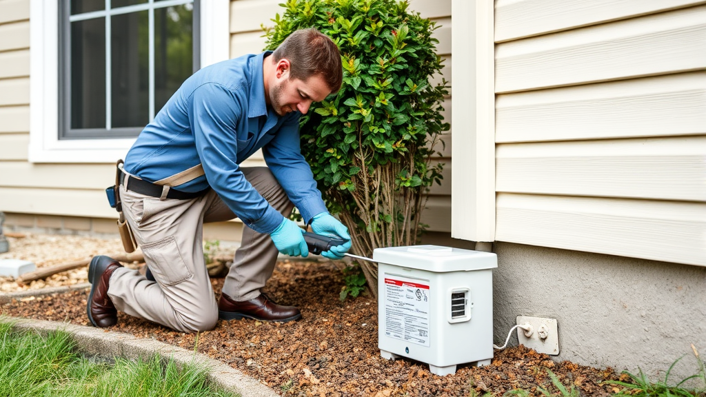 Professional pest control technician installing termite bait station around home perimeter, no text, no words, no letters