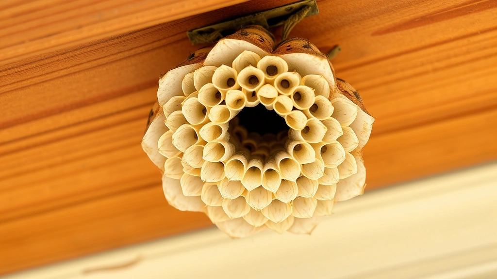 Close-up of a paper wasp nest attached to a wooden eave, showing the distinctive umbrella shape with hexagonal cells clearly visible, natural outdoor lighting