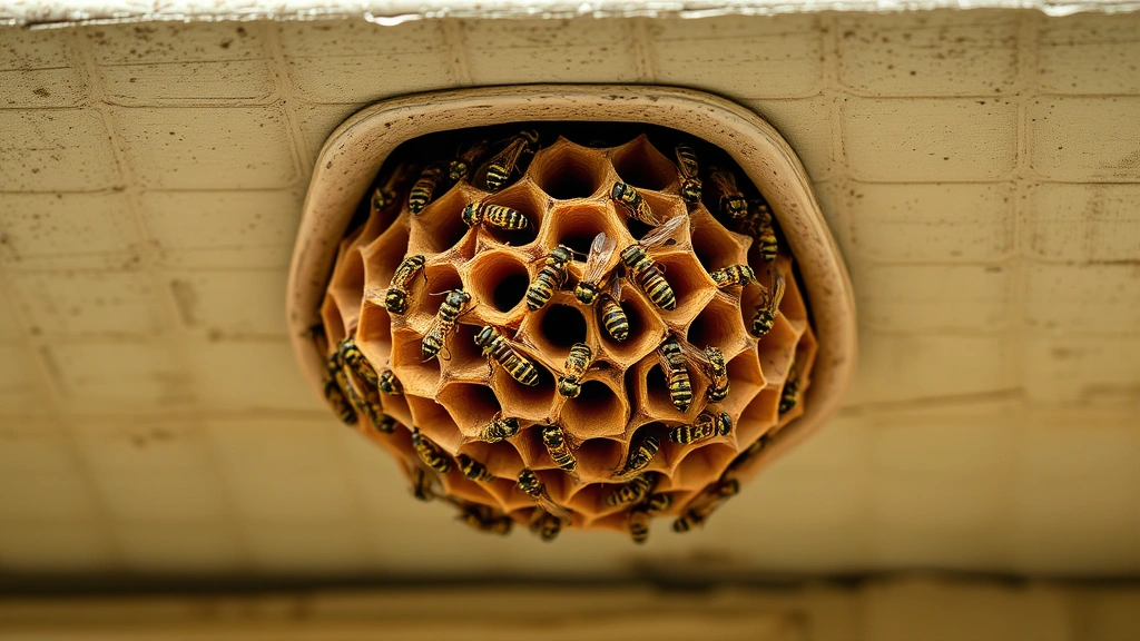 Close-up of a paper wasp nest under an eave, showing the distinctive umbrella-shaped hexagonal structure with wasps crawling on the surface