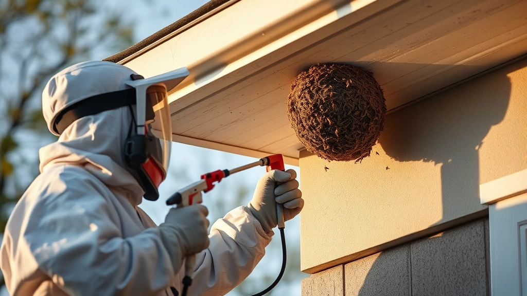 Person in protective gear spraying a wasp nest mounted under a roof overhang during early morning with long shadows, showing proper distance and technique