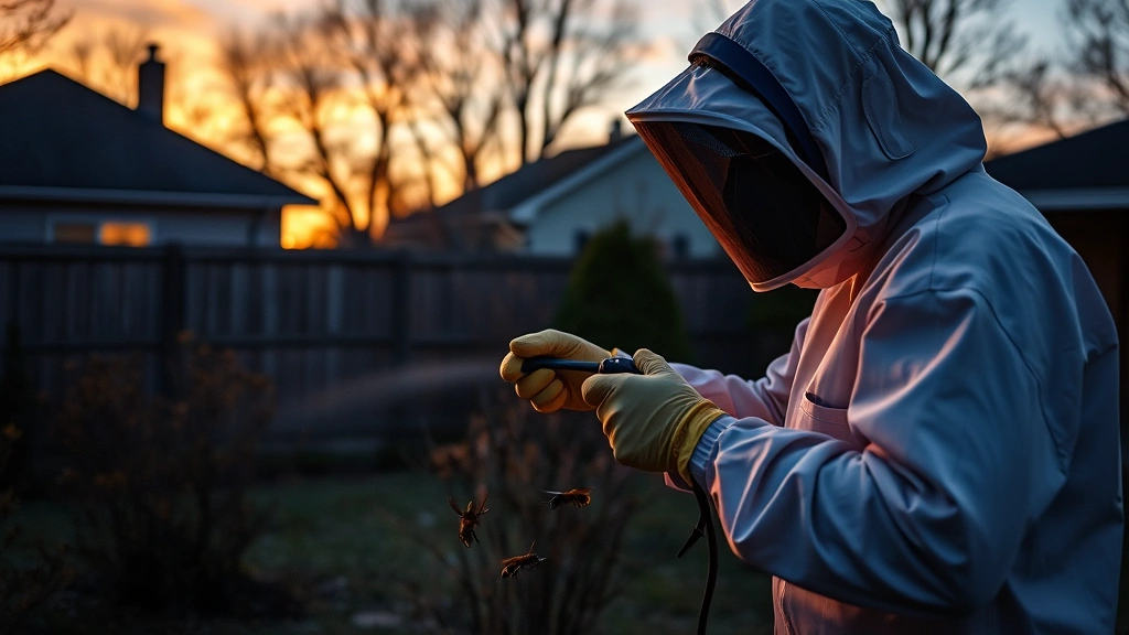 A person in protective gear spraying wasp nest treatment at dusk, wearing gloves, long sleeves, and protective headgear in a residential backyard setting