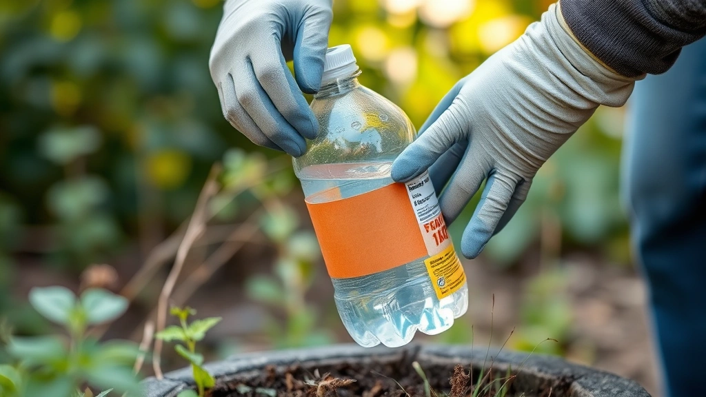 Hands wearing gloves placing a DIY wasp trap made from a clear plastic bottle filled with sugar water solution into a garden setting with blurred foliage background